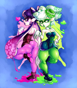 limbostudiosid:  Staaay Fresh! Callie &amp; Marie, the Squid Sisters! I pumped them up a little, hope daddy Shigeru doesn’t mind too much (I don’t actually know if he had a part designing the Inkling species!) I basically did this with the two amiibo