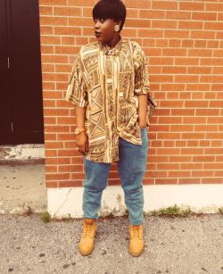 blackfashion:  Tan Tribal Men’s Button Up. High Wasted Jeans From Value Village . Wheat Timberlands . Audrey - 18 - Toronto , On . www.dillpicklegod.tumblr.com