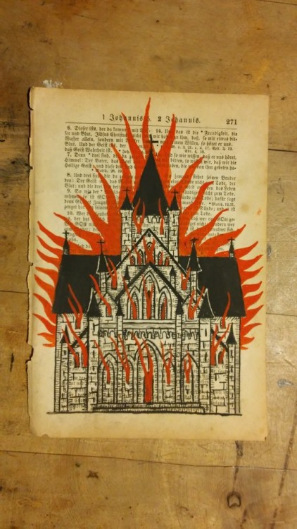 Burning Cathedral// Painted with “Holy Water” on a antique biblepage.available at: 