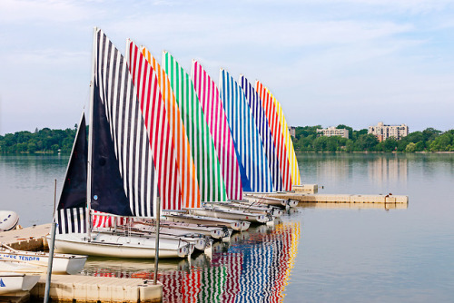 walkerartcenter:  Docked sailboats, on Bde Maka Ska on the morning of June 23, 2018, outfitted with conceptual artist Daniel Buren’s (France, b. 1938) custom-made striped sails. The sailboats participated in a public performance that took the form