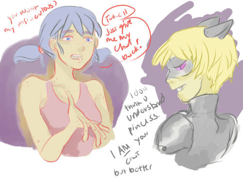 hxstiasays:
“ artiddies:
“ Prompt:
I was gonna write a fanfiction about Chat knowing daddy argeste was Hawk Moth and also finding out mari was ladybug. Akumatized Chat Noir is still Chat Noir (not Chat Blanc bec it seems to be fitting that way in a...