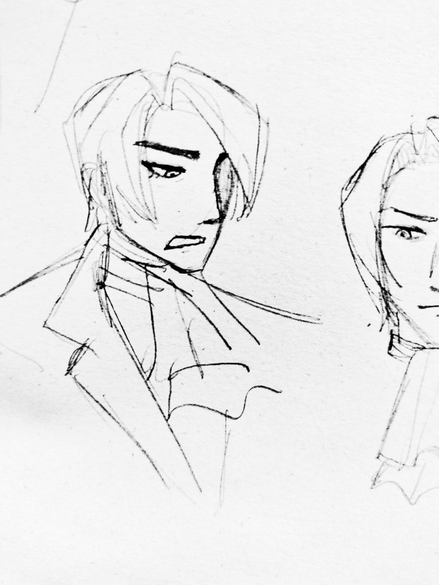 traditional pencil bust-up drawing of miles edgeworth from ace attorney, this time in a 3/4 angle facing the right and looking down. he's frowning as well. i gave him two lower eyelashes.