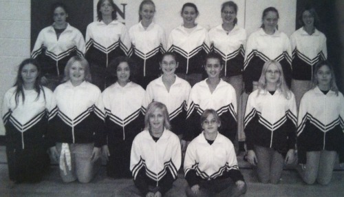 My ever attractive 7th grade cheer squad from 2007 in our warm up jackets and jeans in our yearbook 