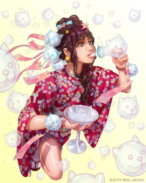 Inktober 2019 Day 28 - Edo FurinMy OC Nora levitating while blowing cat bubbles with 10 glass wind c