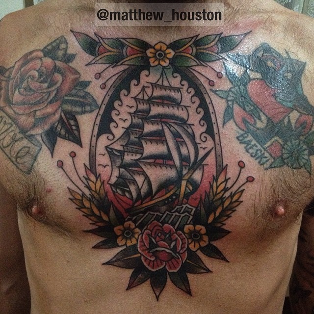 Tattoo uploaded by rcallejatattoo  Beautiful galleon chest tattoo done by  Henry Big HenryBig RainCityTattooCollective traditional blckwrk  blackwork ship maritime chestpiece sailor sailing  Tattoodo