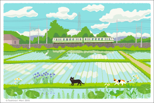 イラストレーター森俊憲の描く猫のイラスト『たびねこ』シリーズの新作です。水田と電車と猫2匹。『緑色の風』使用ソフト：Adobe Illustratorこのイラストを使ったカレンダーやポストカードはmi