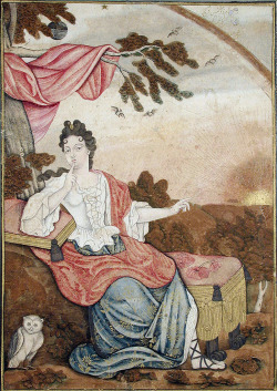 medievalpoc:  eastiseverywhere:  Muhammad Sadiq A European Woman Seated Under a Branch, With an Owl Iran (Safavid Persia, 1700-1732) Opaque watercolor and gold on paper [x] Islamic Persia says:  Here is a rare painting from Safavid Iran which displays