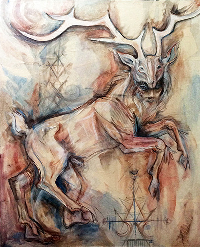 owlkeyme:  “The Shaman” - 32″ x 40″ mixed media painting on reclaimed canvas