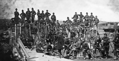 Soldiers from Company C of the 41st New York Infantry Regiment at camp near Bull Run, August, 1862.