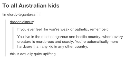 leela-summers:  Australians on Tumblr Part 2Part 1: xPart 3: x Part 4: x  ‘Straya. I love being an Aussie! And don’t you dare say anything about fairy bread it’s the beeesssttttt!!!!