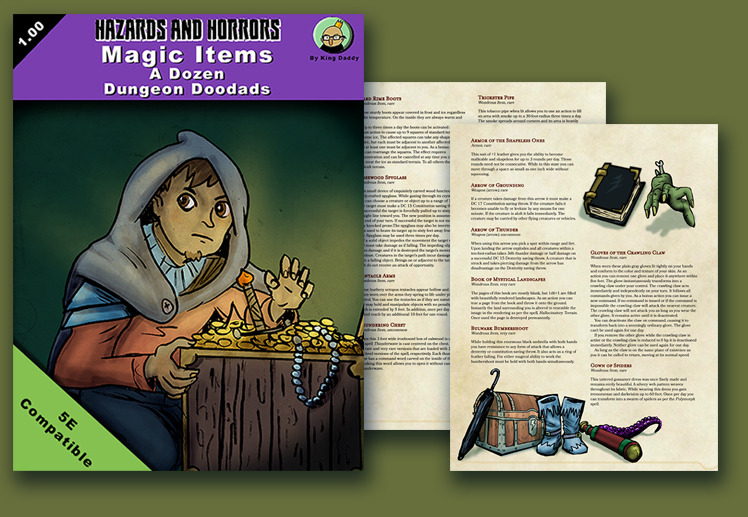 Need more magic items for your 5e game? Who doesn’t?
Hazards and Horrors “A Dozen Dungeon Doodads” is on sale for just 89 cents until the end of the month!
Get it here!