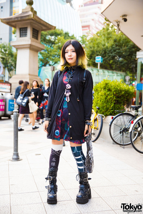 19-year-old Anko on the street in Harajuku wearing a dark look with items by Sexpot Revenge, Killsta