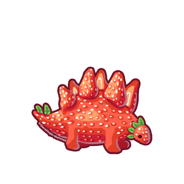 A digital illustration of a strawberry themed red stegosaurus covered in white seeds. Its back plates are sliced strawberries. It has leaves instead of spikes on its tail, and leaves around its neck.