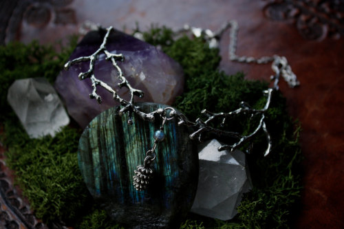 beautiful pine cone necklace with twigs and labradorite bead. for sale at ~ Sedna90377.etsy.com