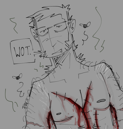 a digital doodle of sniper. he is looking at the viewer and with sunglasses on but this time you can see his eyes. a few flies and stink lines are emanating from his body. his shirt is also off in this drawing, this time his stitches are bleeding and you can see various other body scars. his speech bubble says "wot."