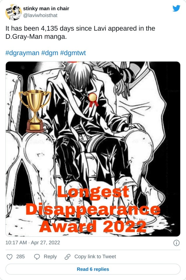 a tweet by Twitter user @laviwhoisthat saying that it has been 4,135 days since lavi last appeared in the manga. tagged with: dgrayman, dgm, and dgmtwt. and attached to the tweet is a picture of lavi in a chair with a party hat on and a champion cup on the armrest, and the text "longest disappearance award 2022" at the bottom of the picture.