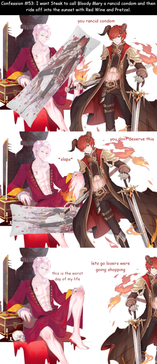 Anon confessed:

I want Steak to call Bloody Mary a rancid condom and then ride off into the sunset with Red Wine and Pretzel. #Food Fantasy #FF Bloody Mary #FF Steak#dirtyfoodfantasyconfessions