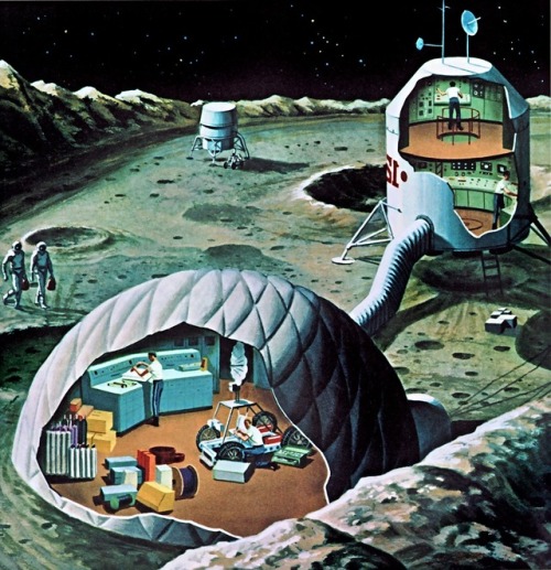 Cutaway of an inflatable moon base. Illustration from the early 1960s.