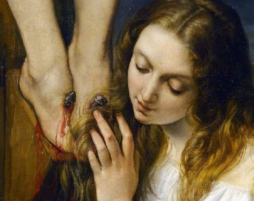 silenceforthesoul:Francesco Hayez - Crucifixion with Mary Magdalene Kneeling and Weeping, 1827, deta