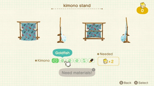 Item: kimono stand# of customizations: 5Customization names: checkered, goldfish, camellia, chain pr