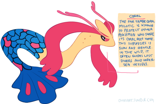 ohnoart:  a custom subspecies commission for vampasaurus, who had the great idea of a milotic subspecies based off of glass frogs, and another brightly-colored one that lived in coral reefs. milotic’s a personal favorite, so these were a pleasure to