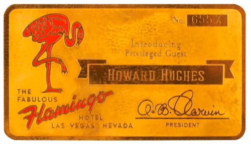 vintagelasvegas:Howard Hughes: Privileged Guest, Flamingo Hotel, c. 1955Etched brass card, relief te