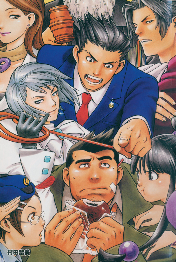 A scan of Ace Attorney ensemble art. From top to bottom we see Mia smiling, Edgeworth with his arms crossed, Phoenix pointing his signature objection, Franziska smirking while wielding her whip, Gumshoe eating a bun and looking confused, Maya with her cheeks puffed, and Maggey snapping a salute. The art is in full colour, in warm tones.