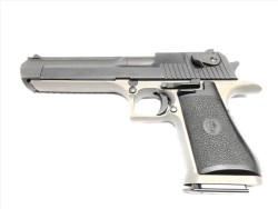 gunrunnerhell:  Desert Eagle A rather uncommon dual tone Desert Eagle Mark VII. Magnum Research offered these in .357 Magnum, .41 Magnum and .44 Magnum. The frame is a matte stainless steel hence the two tone color combination. Note that the magazine,