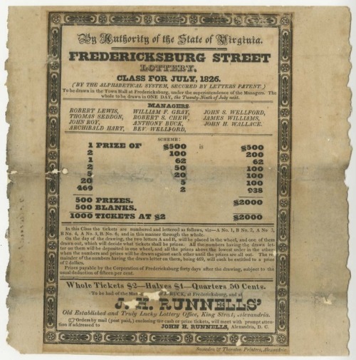 An 1826 lotteryBy authority of the state of Virginia : Fredericksburg Street lottery, class for July