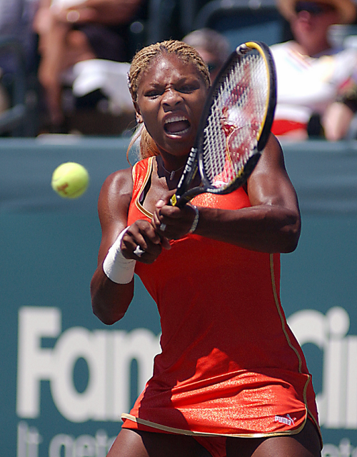 Serena Williams returns a shot at the Family Circle Cup Tennis Tournament on Daniel Island in Charle