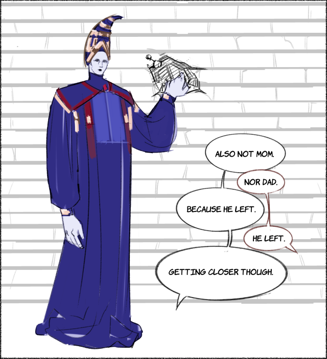 [ID] A digital drawing of Rennala from Elden Ring standing in front of the same wall. She is taller than both her kids from the previous frames and stands next to the hole, extending her hand inside it. It is still too small to fit. There are speech bubbles assigned to two people outside of the frame, which read following conversation: "Also not mom." "Nor dad." "Because he left." "He left." "Getting closer though."