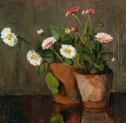 Two Flower Pots with Primulas  -   Ina Hooft Dutch, 1894-1994Oil on panel , 29 x 29 cm.