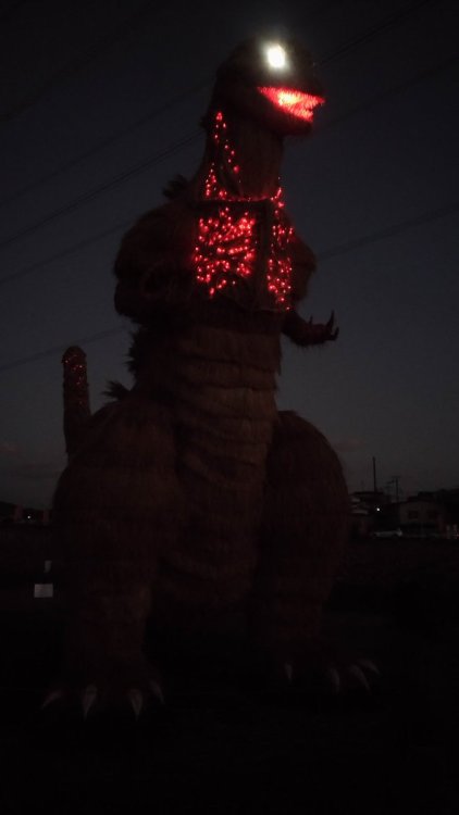としあきたろぅ‏@ohbinderLED点灯まで粘ったけど寒すぎる目が明るすぎる気がｗ#シンゴジラ #ゴジラ #筑前町 #かがし祭Rice straw Godzilla