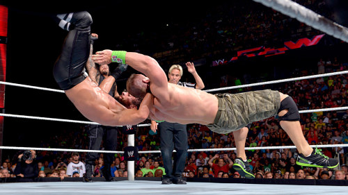 sethrollinsfans:  RAw 14th July, 2014 HQ Digitals 3-On-2 Handicap Match Seth Rollins, Randy Orton & Kane vs Roman Reigns and John Cena 