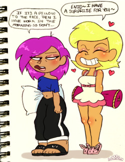 princesscallyie:  Decided to color a sketch from my IG digitally. Here’s some more Enlodie? But in pajamas like the good old days. Looks like Elodie wants to play around but Enid’s not feelin’ it Art Blog~  &lt;3 &lt;3 &lt;3