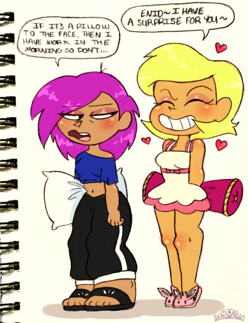 princesscallyie: Decided to color a sketch from my IG digitally. Here’s some more Enlodie? But in pajamas like the good old days. Looks like Elodie wants to play around but Enid’s not feelin’ it Art Blog~ 