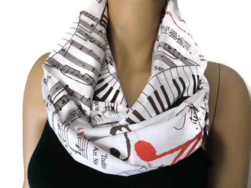 music scarf,music notes scarf,musicians scarf,Brown and white cotton infinity scarf,European cotton