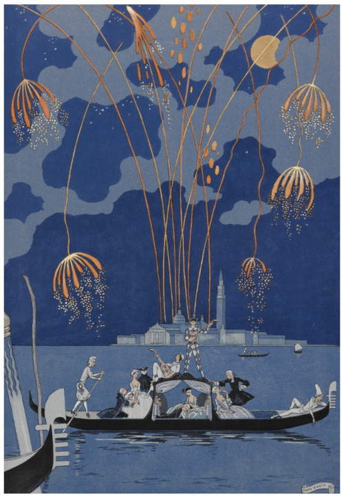 Georges Barbier, En Bateau, Fireworks in Venice,  from Paul Verlaine, Fêtes galantes, 1928.British L