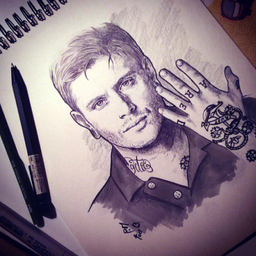 petite-madame:Sketch. Jensen with tattoos.Copic markers (W0, W4, W6), HB pencil, black ballpoint pen