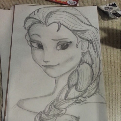Elsa. 12"x18" Pencil on heavyweight paper. Drawn at #Chickfila. A rough draft for a gift. 