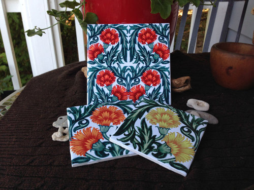 New DeMorgan Carnation tiles I made on ceramic and tumbled marble. I kid of went crazy with all the 