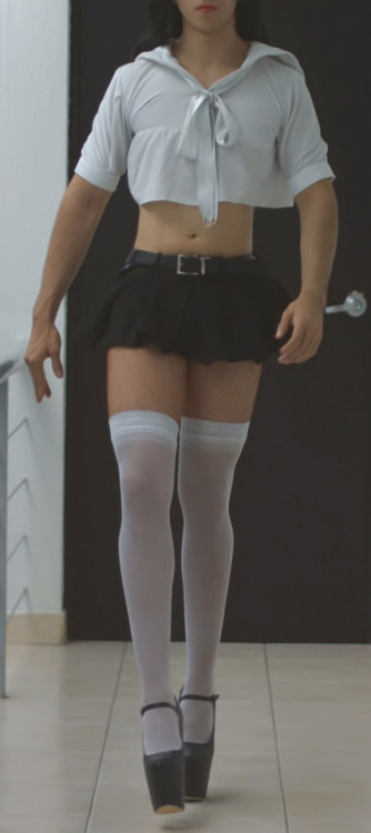 #ME in Slutty School Girl outfit.I love strutting around the house in sky high stripper heels and a 