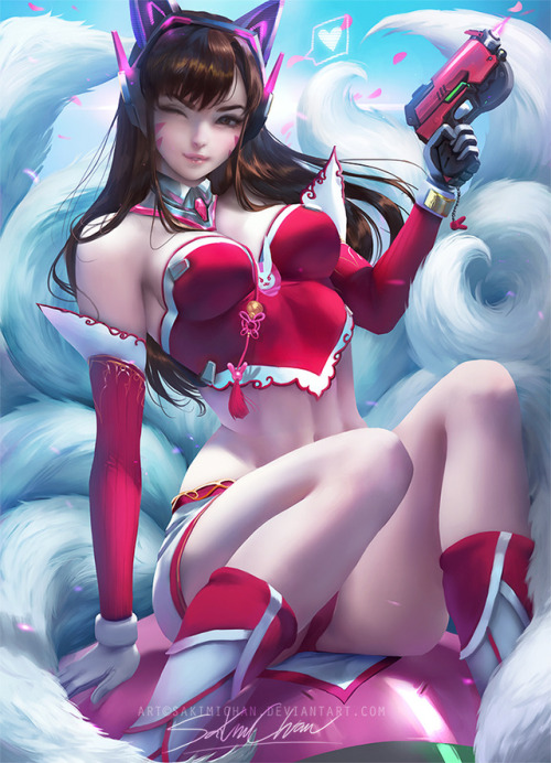 sakimichan:  “don’t you trust me?” Fun painting of overwatch/ Lol inspired crossover ^o^ D.va in Ahri inspired outfit this time !  nude,PSD+3-4k HD jpg,steps,vid etc>https://www.patreon.com/posts/11620417   