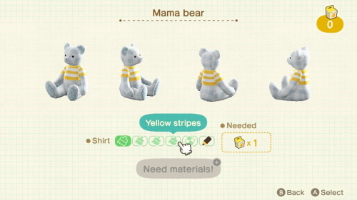 Item: mama bear# of customizations: 5Customization names: none, red stripes, blue stripes, yellow st