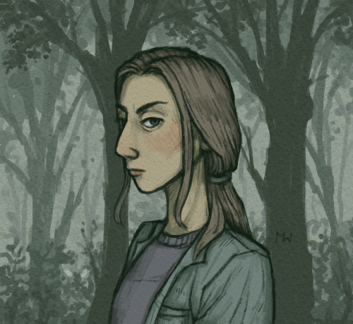 [ID: grey toned art of Sister Carpenter in a forest. She is shown from the shoulders up, facing side