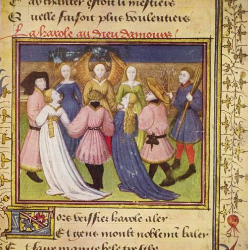 People dancing in a Roman de la Rose illumination by the Meister des Rosenromans, 1420-30