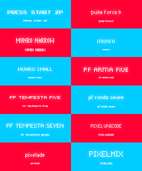 sephxual:  Pixel Fonts (almost all that I have installed) :feat. cutie size ↴ 15x5 | handy | 8-bit-1-6 | 5x5 Pixel | apple | angie atore | copy 10 56 | elektra | golden sun | final-fantasy | final fantasy vii | minipower | press start 2p | puke force