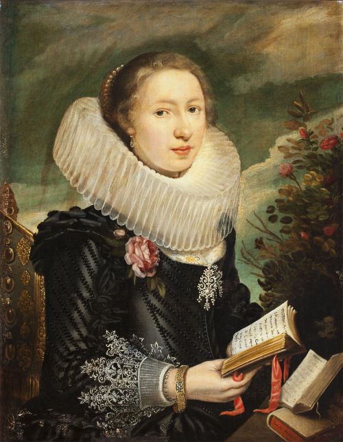 jeannepompadour:Portrait of a woman holding a book by an anonymous Flemish artist, c. 1620