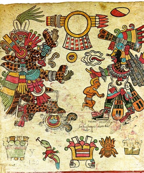 aztecamemoria:Tezcatlipoca’s nahualli or animal form, called Tepeyollotl to the left, and Quet