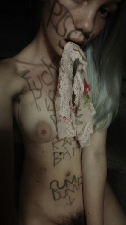 rapedollbaby:  i have piss slut written across my face, fuck pig, loves being raped, rape bait and c